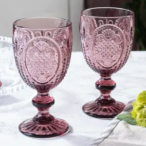 Set of 4 Vintage Luxury Pink Embossed Short Tumblers & Drinking Glasse Wine Goblets 290ml