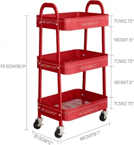 simpa 3 Tier Metal Multipurpose Wheeled Storage Cart - RED