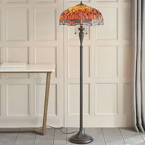 1.5m Tiffany Twin Floor Lamp Dark Bronze & Dragonfly Stained Glass Shade i00014