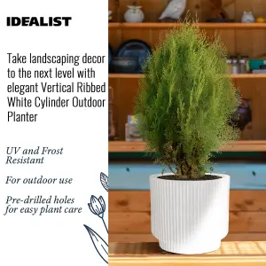 IDEALIST 24cm Small Round Planter, Ribbed White Reinforced Stone Cylinder Outdoor Plant Pot D24 H24 cm, 7.6L