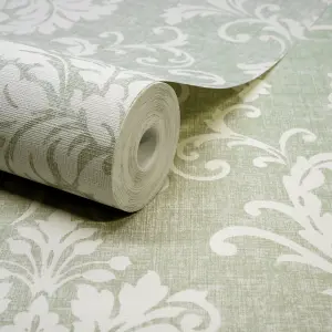 Grandeco Margritte Distressed Damask Textured Wallpaper, Green Cream