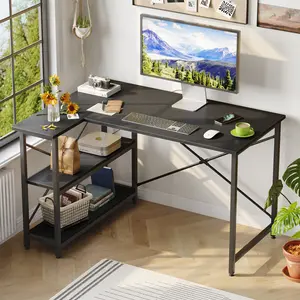 L-Shaped Desk (120 or 140cm x 90cm) Corner Desk with Adjustable Shelves by Aliff Black / 74cm H x 120cm W x 90cm D