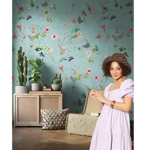 AS Creation Floral Butterfly Duck Egg Wallpaper Feature Wall Mural 159 x 280cm