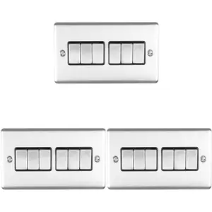 3 PACK 6 Gang Metal Multi Light Switch SATIN STEEL 2 Way 10A Black Trim