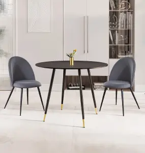 Hallowood Furniture Finley Small Round Dining Table in Black Finish with 2 Curved Back Grey Fabric Chairs