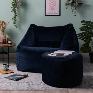 icon Natalia Velvet Armchair Bean Bag and Pouffe Set Midnight Blue Giant Bean Bag Chair