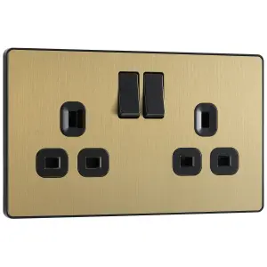 British General Brass effect Double 13A Gold Switched socket & Black inserts