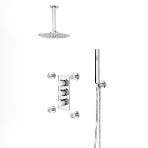 Flora Round 3 Way Concealed Thermostatic Shower Mixer Valve, Shower Head, Arm, Handset, Body Jets Set Chrome