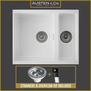 Austen & Co. Florence Inset & Undermount 1.5 Bowl Reversible Granite Kitchen Sink With Strainer & Over Flow Kit - White