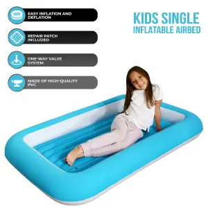 Kids Single Inflatable Airbed with Raised Edge  Flocked Design for Home & Camping Blue