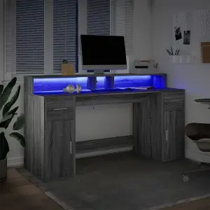 Berkfield Desk with LED Lights Grey Sonoma 160x55x91 cm Engineered Wood