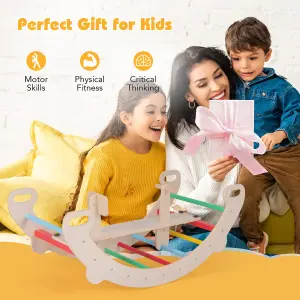 COSTWAY 4-in-1 Wooden Kids Climbing Toys Indoor Rocking Horse Arch Climber