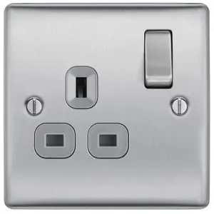 BG Brushed Steel Single 13A Switched Socket & Grey inserts