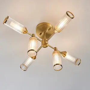 Brass Semi Flush 6 Bulb Ceiling Light - Ribbed Glass Shades & Frosted Diffusers