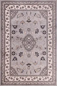 Grey Traditional Bordered Floral Rug Easy to clean Dining Room-80cm X 150cm