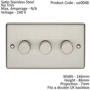 3 Gang 400W 2 Way Rotary Dimmer Switch SATIN STEEL Light Dimming Wall Plate