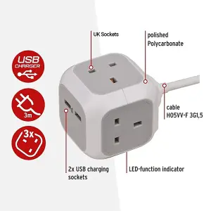 Brennenstuhl Extension Lead Cube 3 Gang and 2 USB Ports 3 Metre Heavy Duty Cable