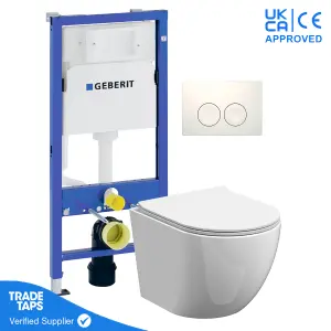 White Wall Hung Toilet Rimless Pan with Geberit Concealed Cistern Frame 112cm & Delta25 White Flush Plate