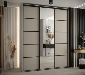 Dakota V Sleek Cashmere & Black Sliding Door Wardrobe 2000mm H2350mm D600mm with Mirrored Door, Ten Shelves, Two Hanging Rails