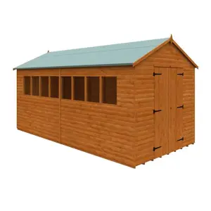 16 x 8 (4.88m x 2.44m) Wooden Log Lap APEX Workshop With 12mm T&G Floor & Roof & 8 Windows - Double Doors (16ft x 8ft) (16x8)