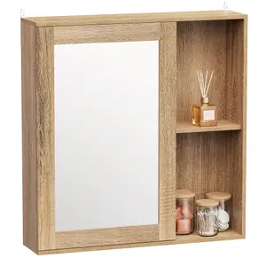 VonHaus Bathroom Mirror Cabinet, Oak Wood Effect Cabinet with Mirror with Adjustable Internal Shelf & Handleless Design, Chester