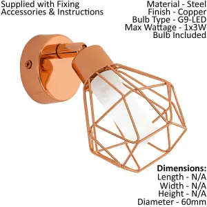 Ceiling Spot Light & 2x Matching Wall Lights Copper Geometric Wire Cage Shade