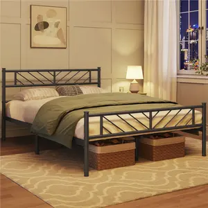 Minimalist Metal Slatted Bed Platform with Arrow Design Headboard Black / Double (4'6)