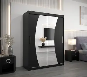 Wave Contemporary 2 Mirrored Sliding Door Wardrobe 5 Shelves 2 Rails Black Matt (H)2000mm (W)1500mm (D)620mm