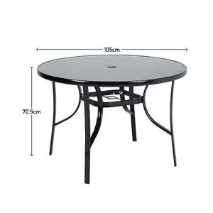 Black Round Tempered Glass Top Garden Bistro Dinging Table with Metal Frame and Umbrella Hole Outdoor 105 cm