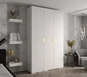 Elegant White Inova 4 Hinged Door Wardrobe W1500mm H2370mm D470mm - Versatile Storage with Gold Round Handles