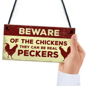 Red Ocean Beware Of The Chickens Sign For Gate Chicken Coop Hen House Funny Chicken Gift