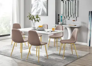 Imperia White High Gloss 6 Seater Dining Table with Structural 2 Plinth Column Legs 6 Beige Faux Leather Gold Leg Corona Chairs