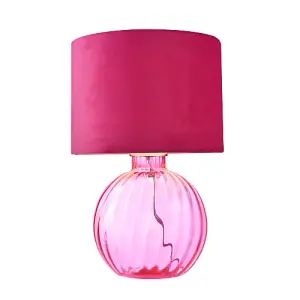 Contemporary Light Pink Ribbed Glass Table Lamp with Soft Velvet Fabric Shade