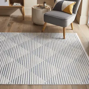 Blue Outdoor Rug, Geometric Striped Stain-Resistant Rug For Patio Decks, 3mm Modern Outdoor Area Rug-190cm X 290cm