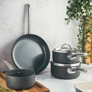 6 Piece Dark Grey Kitchen Cookware Set - Dishwasher & Oven Safe Anodised Pan Set with Non-Stick Coating - Suitable for All Hobs