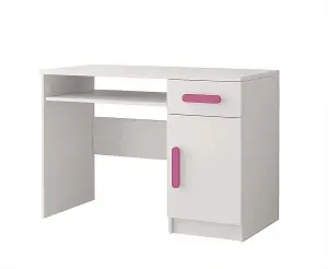 Stylish White Computer Desk H760mm W1100mm D500mm - Pink Handles for Playful Study Spaces