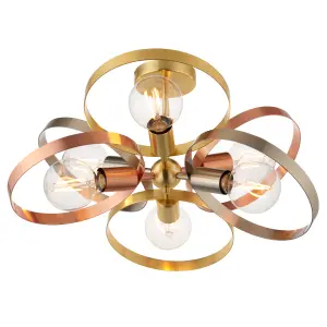 Loopa Satin Brushed Gold and Brushed Copper Contemporary Style 6 Light Semi Flush Ceiling Fitting