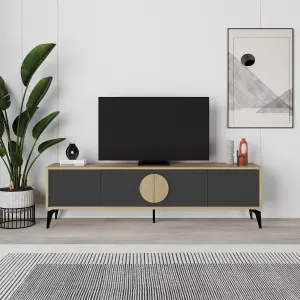 Decortie Gora Modern TV Unit Oak, Silky Grey Black 180(W)cm with 4 Doors Storage TV Cabinet Entertainment Metal Legs