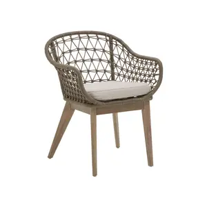 Interiors by Premier Rattan Armchair, Airy Single Chair with Grey Cushioning Dining Chair, Wooden Legs Outdoor Chair, Hand-woven