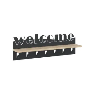 Decortie Modern Welcome Letter Wall Hanger Oak Metal 7 Metal Hooks for Hanging Shelf Rack Hotels Hallway Bedroom (Black)