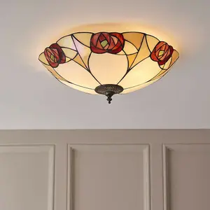 Tiffany Glass Flush Ceiling Light - Mackintosh Style Rose - Dark Bronze Finish