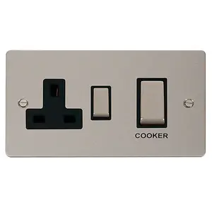 Flat Plate Pearl Nickel Cooker Control Ingot 45A With 13A Switched Plug Socket - Black Trim - SE Home