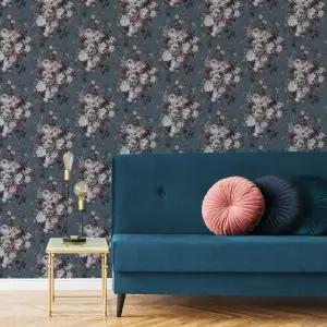 GoodHome Chryso Blue Floral Textured Wallpaper