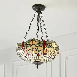 Tiffany Glass Hanging Ceiling Pendant Light Bronze & Dragonfly Lamp Shade i00105