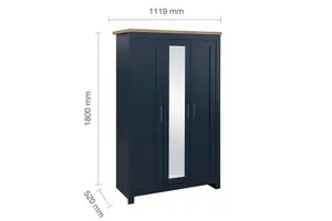 3 Door Mirror Wardrobe Navy Oak Birlea Highgate Farmhouse Shabby Chic