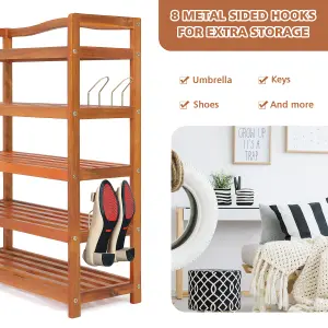 Costway 5-Tier Wood Shoe Rack Solid Shoe Storage Shelf Organizing Unit w/ Side Hooks