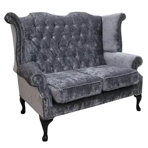 Chesterfield 2 Seater Sofa Modena Regency Grey Fabric In Queen Anne Style