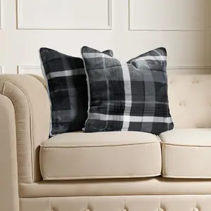 Tartan Check Cushion Covers 4 Pack Filled Flannel Fleece Set, 45 x 45cm - Grey