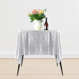 Neel Blue 70" x 70" Square Sequin Tablecloth, Silver