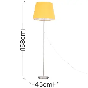 ValueLights Modern Standard Floor Lamp In Brushed Chrome Metal Finish with an Extra Large Mustard Tapered Shade